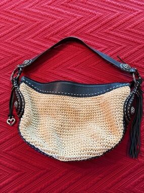 Brighton Cream Woven Straw Shoulder Bag with Black Leather Trim